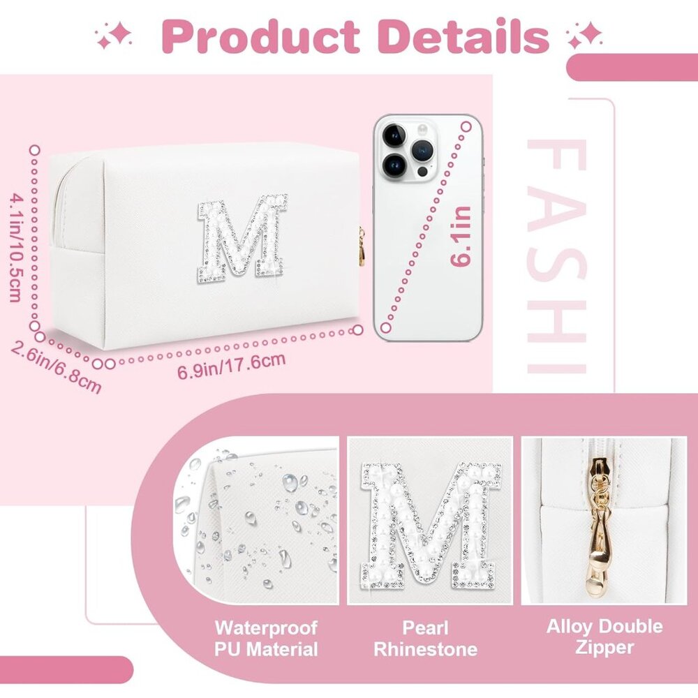 Bride Gifts – Personalized Initial Makeup Bag with Pearl Rhinestone Patch, Prepp - Picture 2 of 7